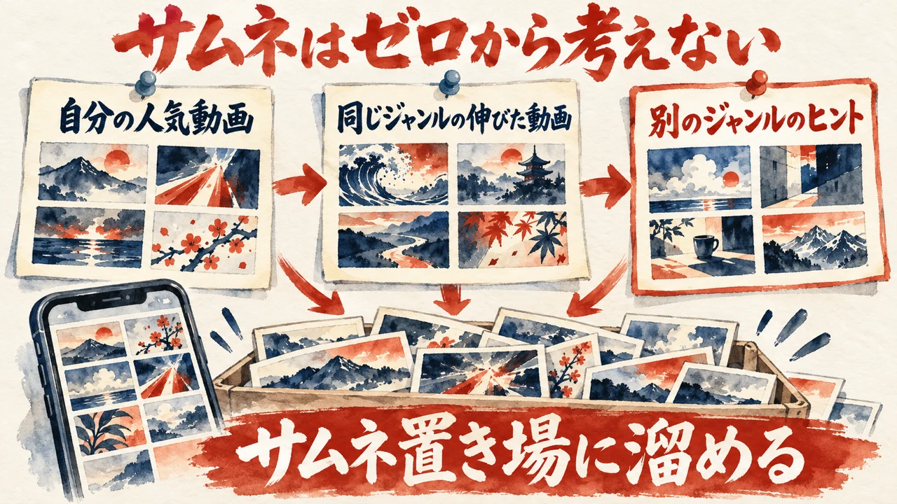 サムネをゼロから考えない図解。自分の人気動画、同じジャンルの伸びた動画、別のジャンルのヒント、の3枚の札から、箱とスマホのサムネ置き場に溜める流れ。