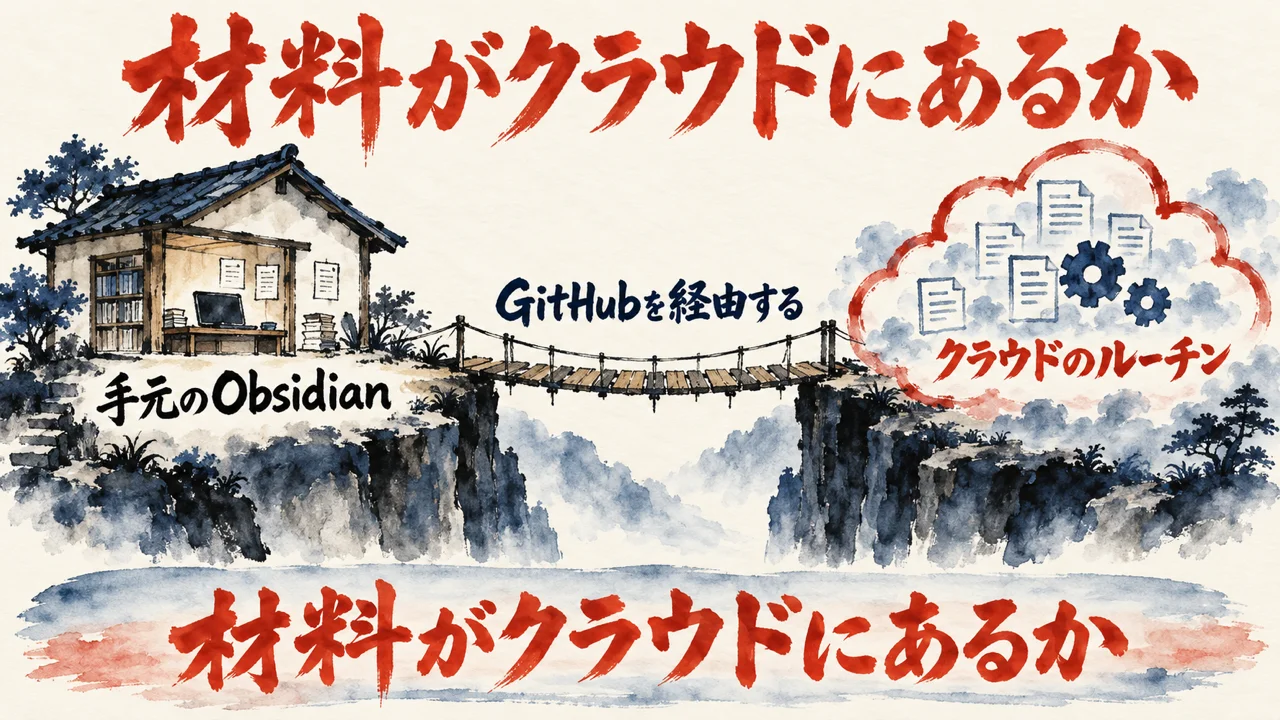 Obsidianとの連携の図解。左に机とパソコンのある小さな家で手元のObsidian、右に雲の枠でクラウドのルーチン、間に吊り橋と札でGitHubを経由する、と描き、上と下に材料がクラウドにあるか、と問いを添えている