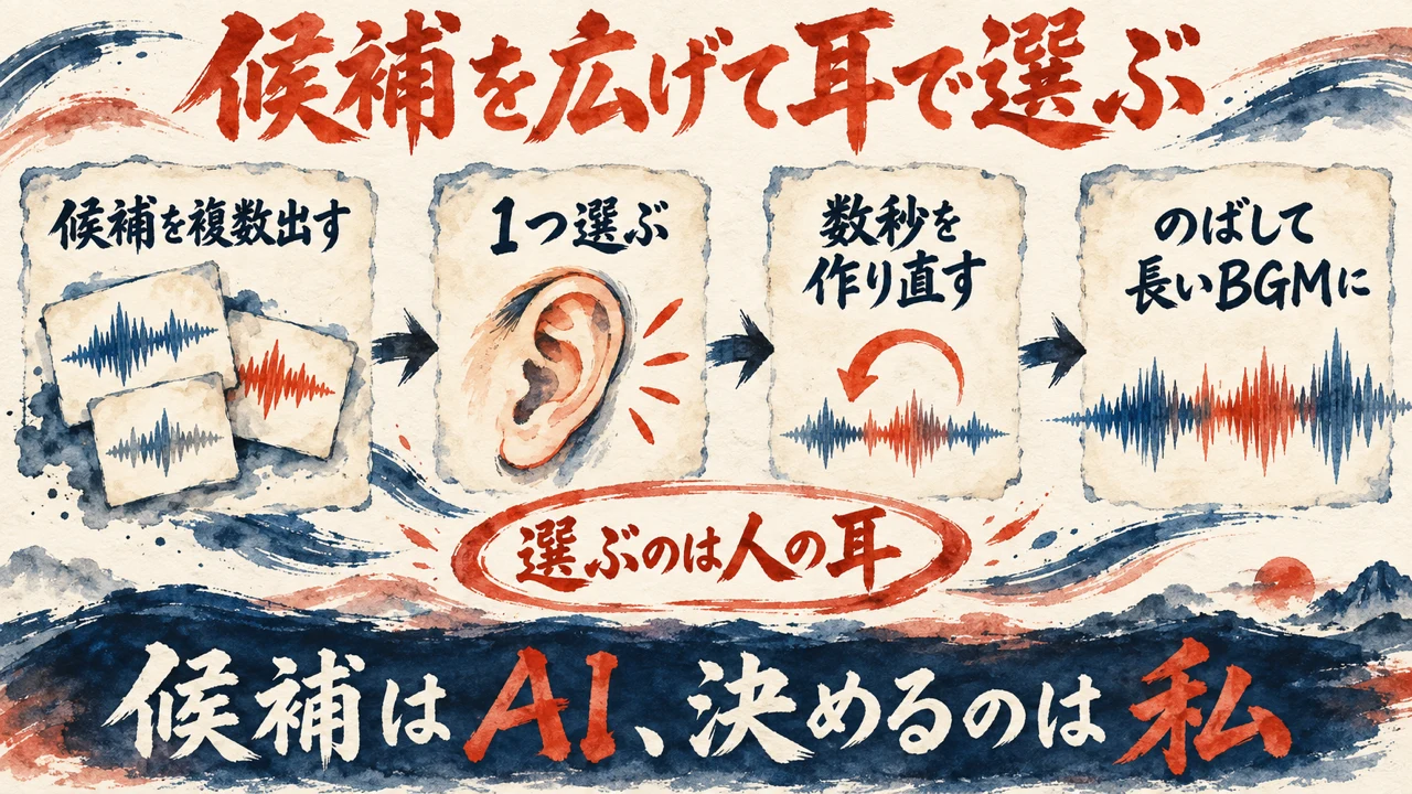 実演の流れの図解。左から、候補を複数出す、1つ選ぶ、数秒を作り直す、のばして長いBGMにする、の四つの札を矢印で並べ、朱色の枠で選ぶのは人の耳、と添えている