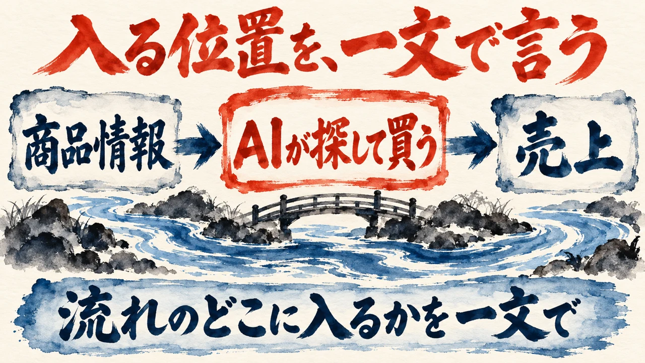 図解。商品情報、AIが探して買う、売上、と進む流れ。川に橋が架かり、下の帯に、流れのどこに入るかを一文で、と書かれている