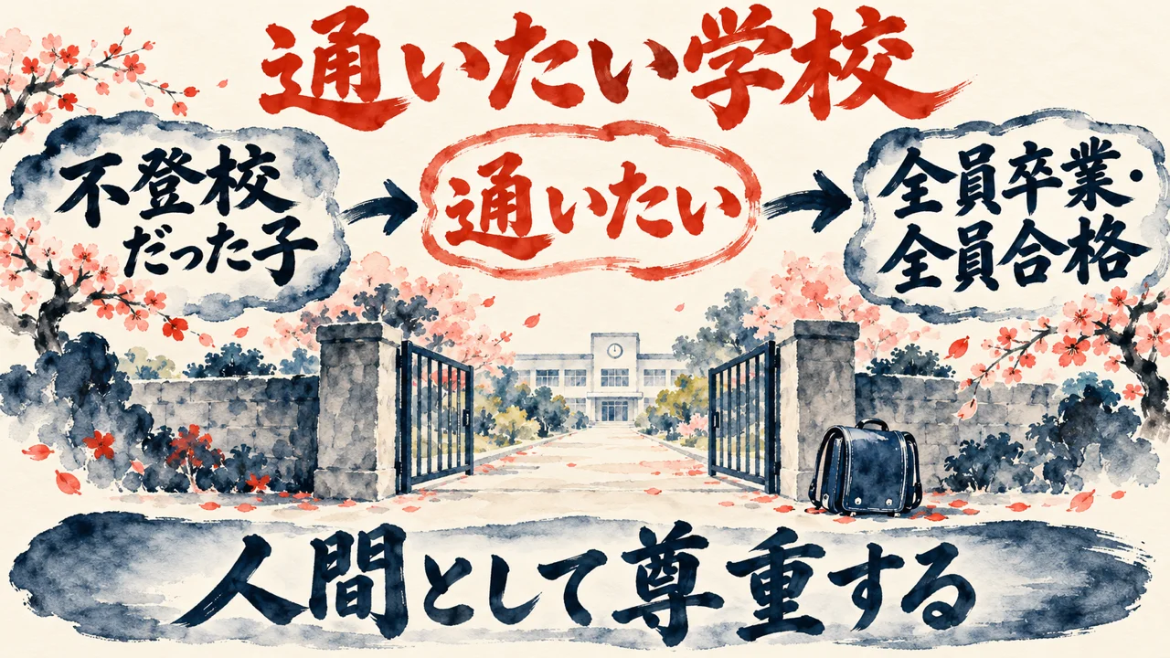 専門学校の図解。左の札に不登校だった子、中央の朱色の枠の札に通いたい、右の札に全員卒業・全員合格を矢印でつなぎ、下の帯に人間として尊重する、と書かれている