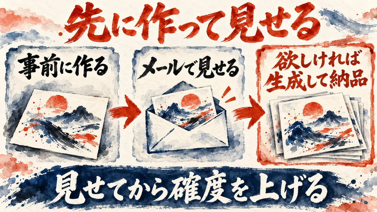 先に作って見せる作戦の図解。事前に作る、メールで見せる、欲しければ生成して納品、の3枚の札が矢印でつながり、下の帯に見せてから確度を上げると書かれている。
