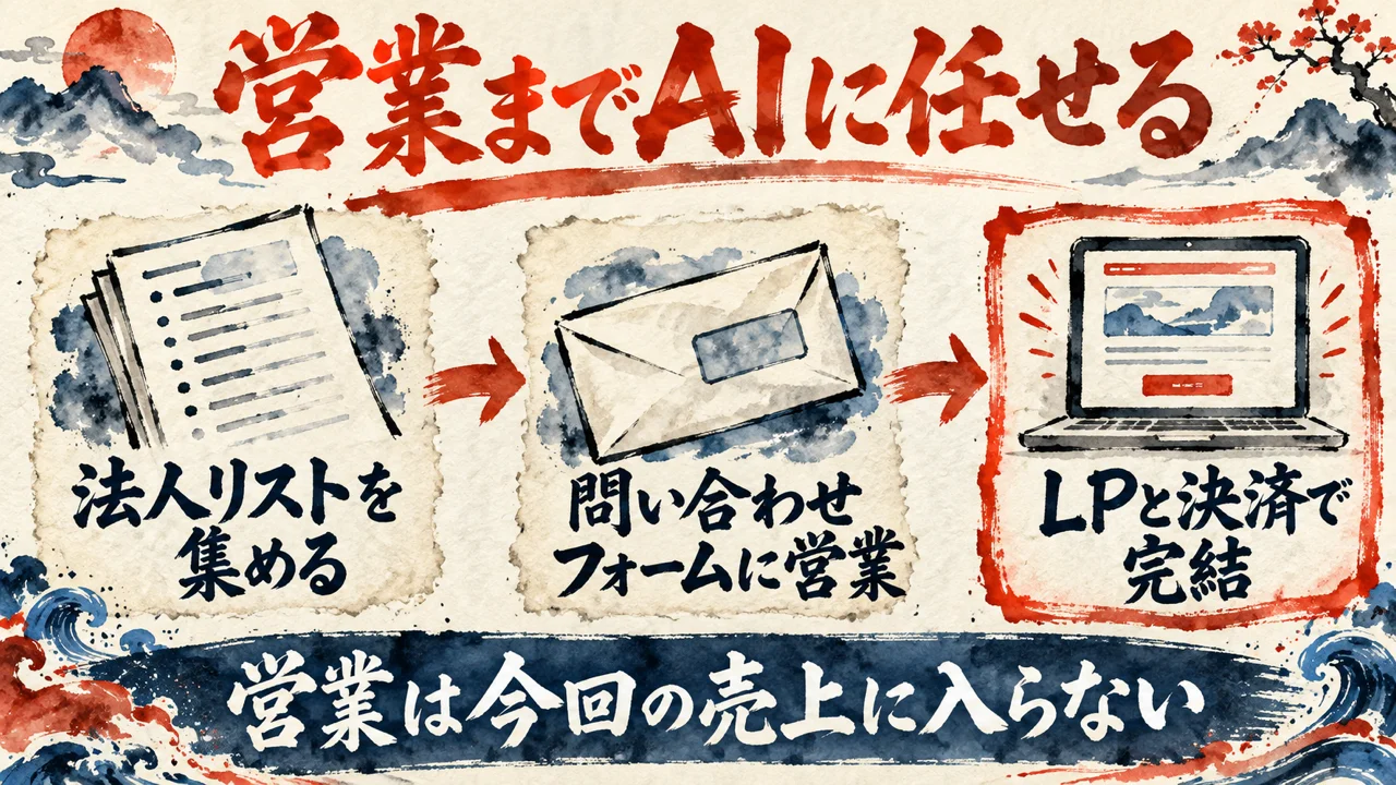 営業もAIに任せる流れの図解。法人リストを集める、問い合わせフォームに営業、LPと決済で完結、の3枚の札が矢印でつながり、下の帯に営業は今回の売上に入らないと書かれている。