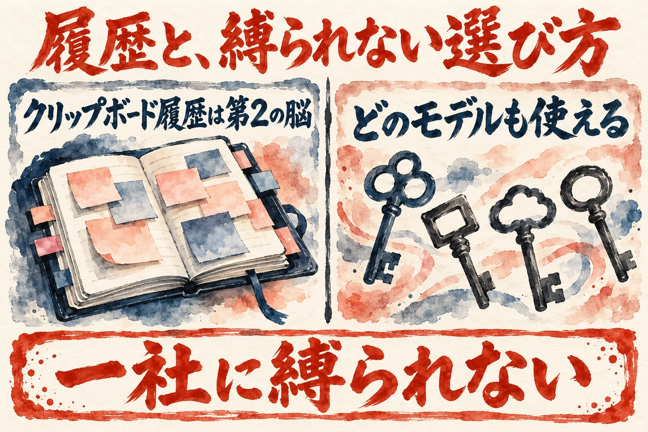 Pedroさんの使い方の図解。左にクリップボード履歴を第2の脳として使う流れ、右にどのモデルにも縛られない選び方、と並んでいる