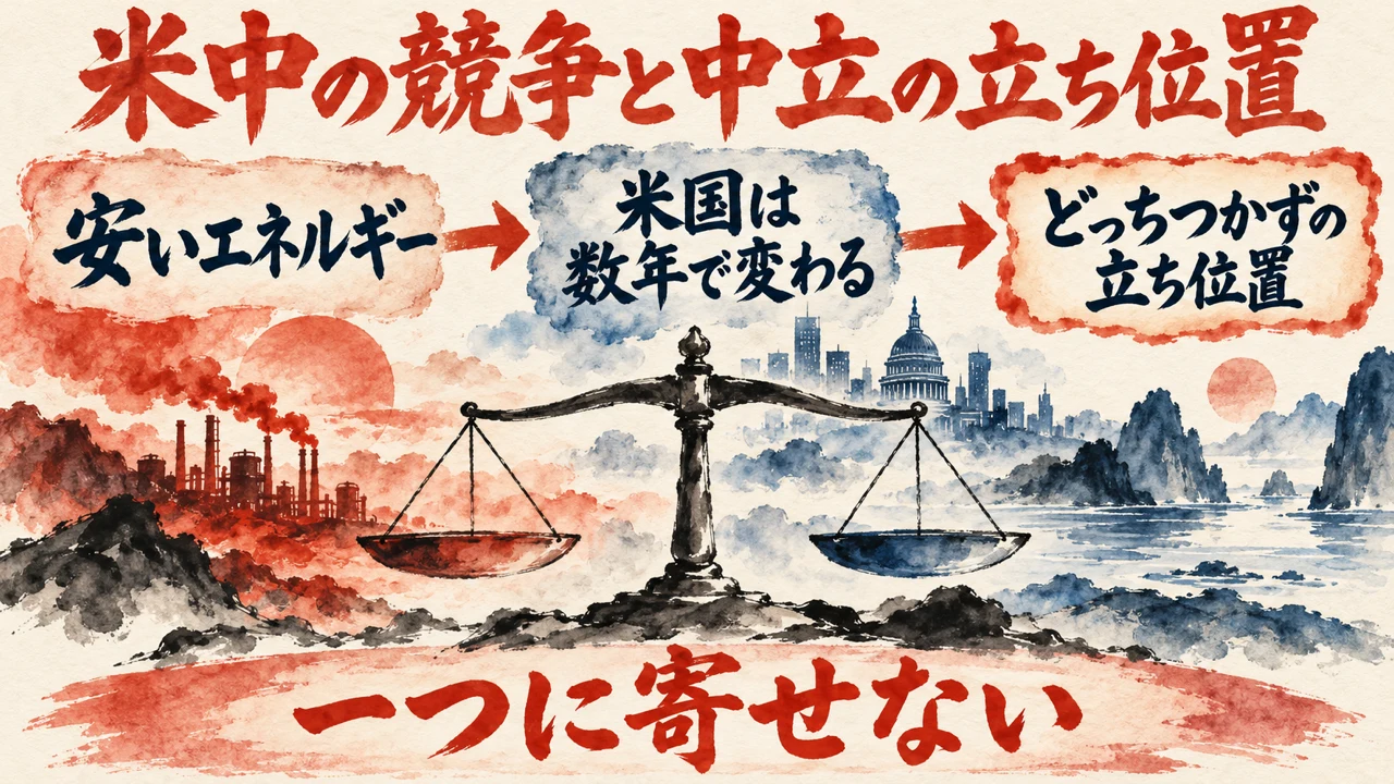 和紙に描いた水彩の図解。安いエネルギー、米国は数年で変わる、どっちつかずの立ち位置の3つが矢印でつながり、中央に天秤、左に工場、右に議事堂の風景が描かれ、下の帯に一つに寄せない、と書かれている。
