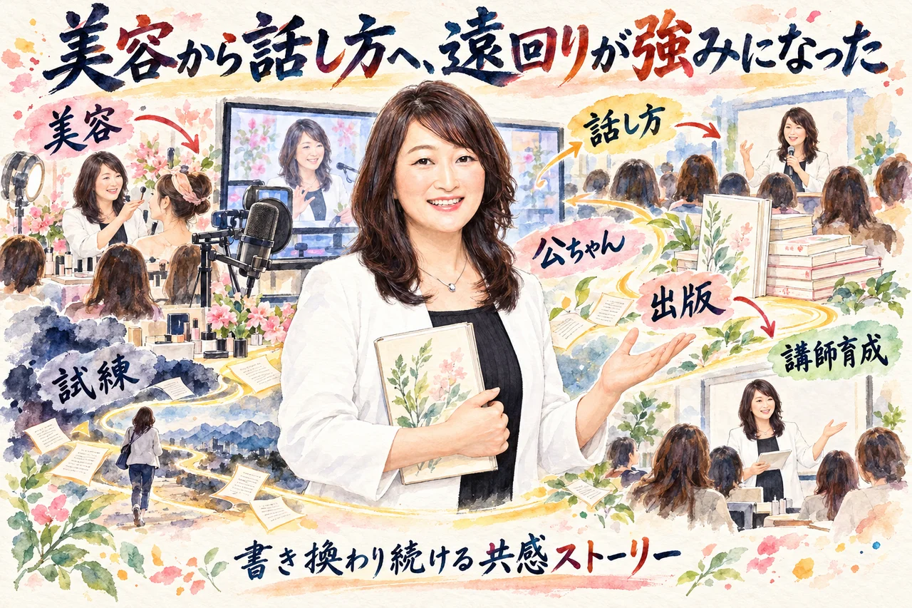 美容から話し方へ、遠回りが強みになった｜出版、試練、講師育成を経て書き換わり続ける共感ストーリーを、公ちゃんが誇らしげに語る場面