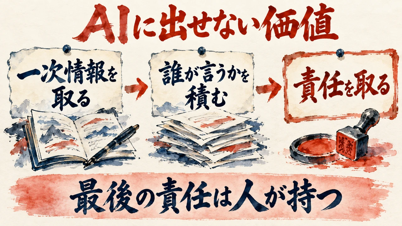 「AIに出せない価値」の図解。「一次情報を取る」「誰が言うかを積む」「責任を取る」の三つの札と、開いたノート・書類の束・印鑑の水彩画。下の帯に「最後の責任は人が持つ」