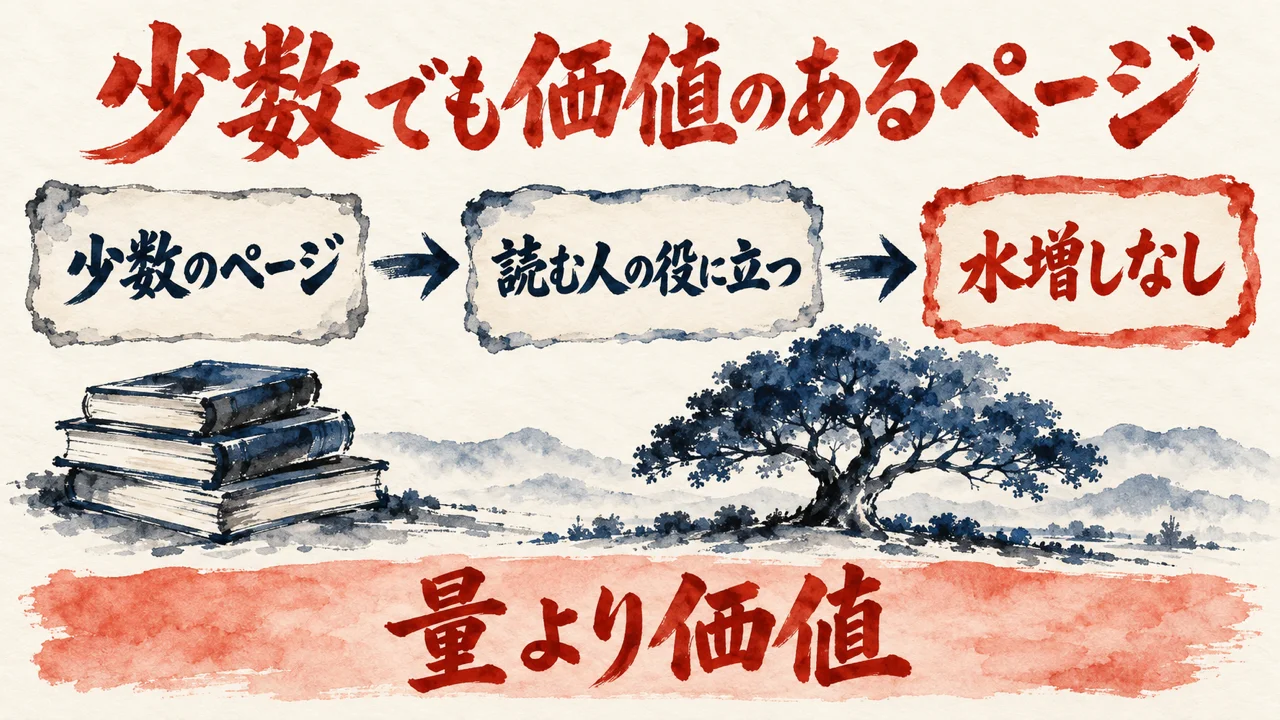 少数の価値あるページの図解。少数のページ、読む人の役に立つ、水増しなし、の3枚の札が矢印でつながり、下の帯に量より価値と書かれている。