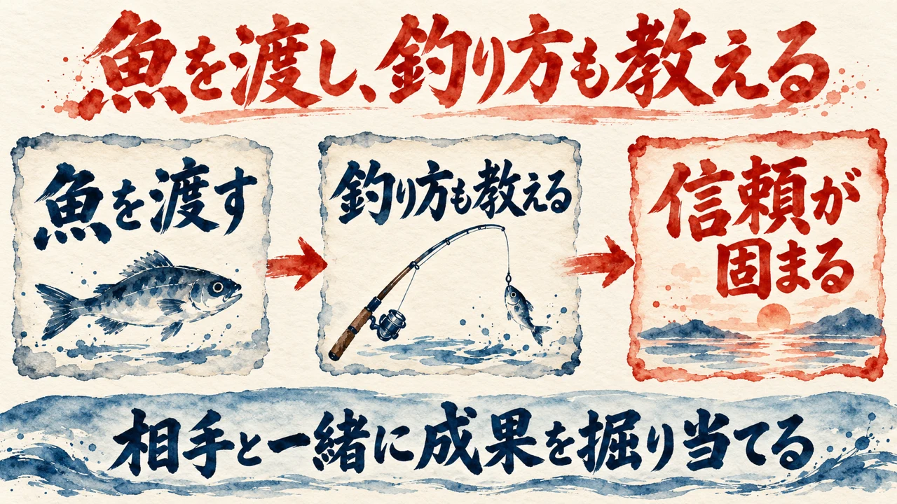 図解。魚を渡す、釣り方も教える、信頼が固まる、の三つの札で、相手と一緒に成果を掘り当てると示す