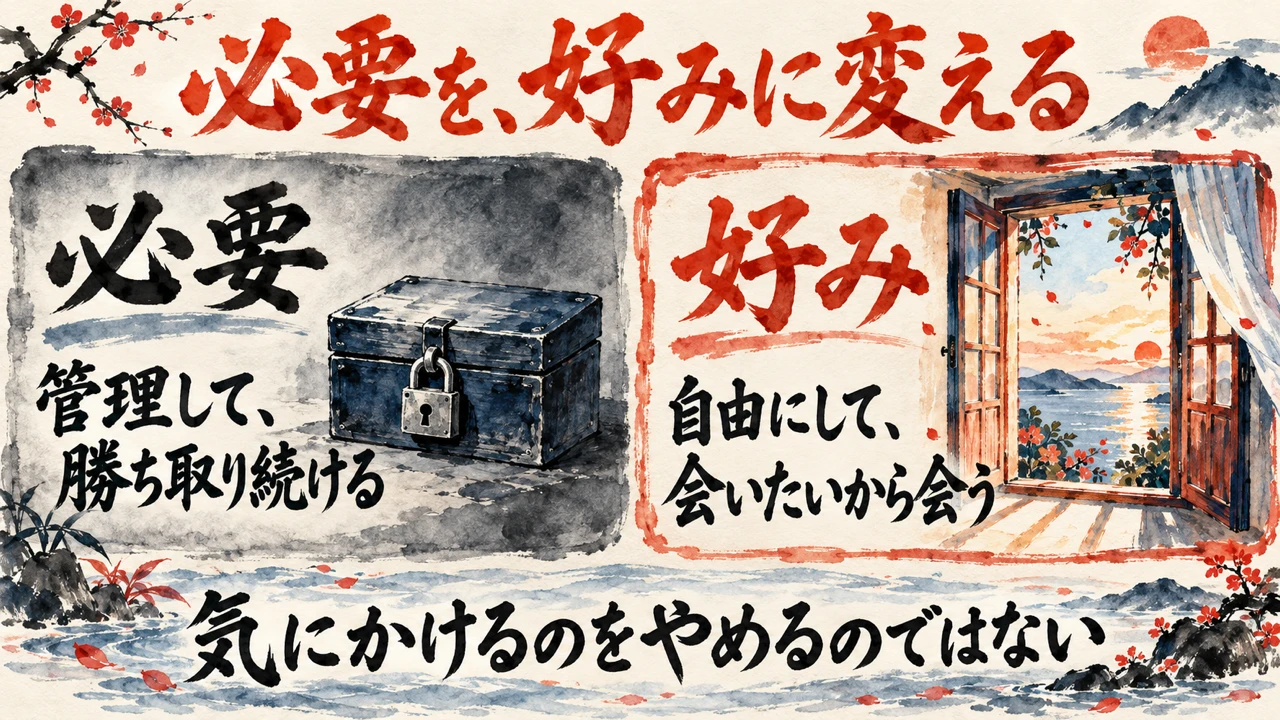 図解: 左は管理して勝ち取り続ける必要の鍵付きの箱、右は自由にして会いたいから会う好みの開いた窓。気にかけるのをやめるのではない