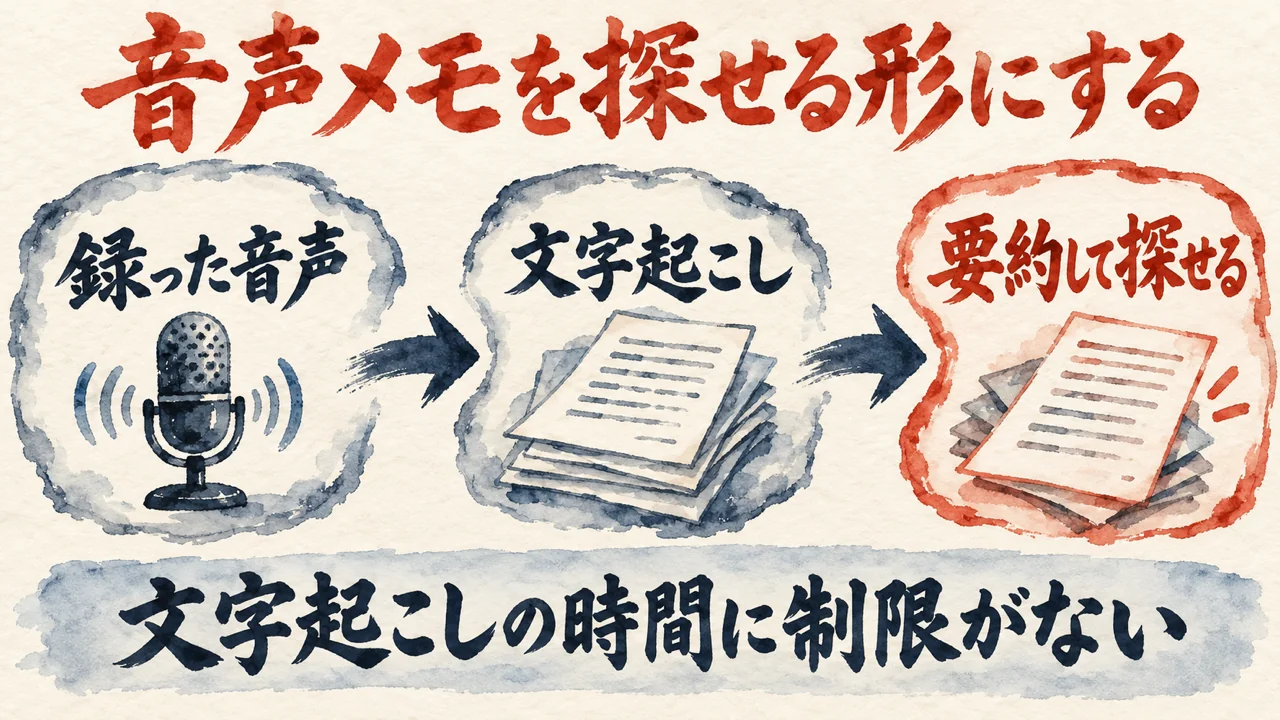 音声メモの図解。録った音声、文字起こし、要約して探せる、の3枚の札が矢印でつながり、下の帯に文字起こしの時間に制限がないと書かれている。