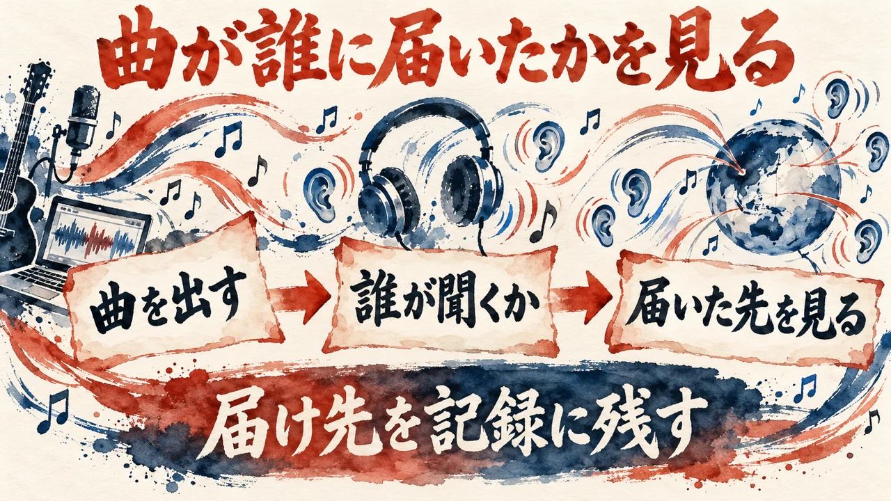 曲の届け先を見る図解。曲を出す、誰が聞くか、届いた先を見る、の3枚の札が矢印でつながり、下の帯に届け先を記録に残すと書かれている。