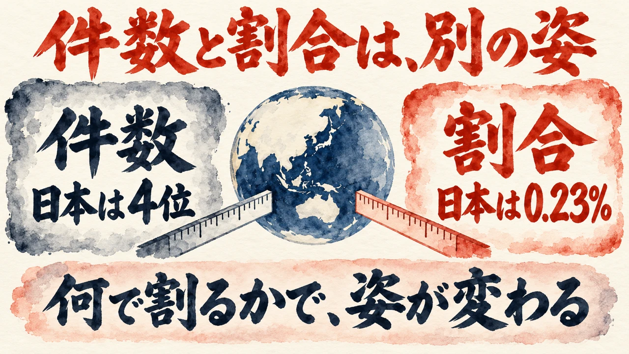 図解: 左は件数、日本は4位。右は割合、日本は0.23%。中央に一つの地球儀と二つの物差し。下の帯は、何で割るかで姿が変わる
