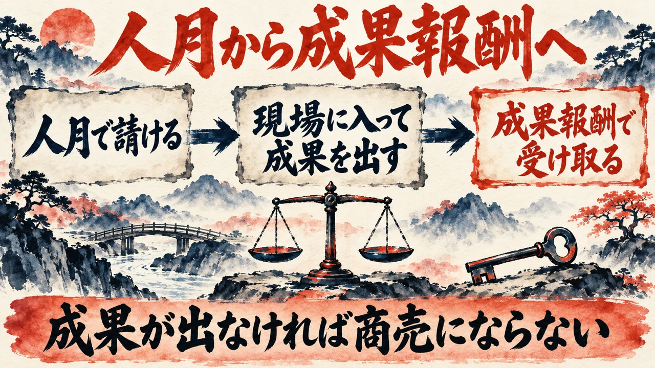 人月から成果報酬への図解。人月で請ける、現場に入って成果を出す、成果報酬で受け取る、の3枚の札が矢印でつながり、下の帯に成果が出なければ商売にならないと書かれている。