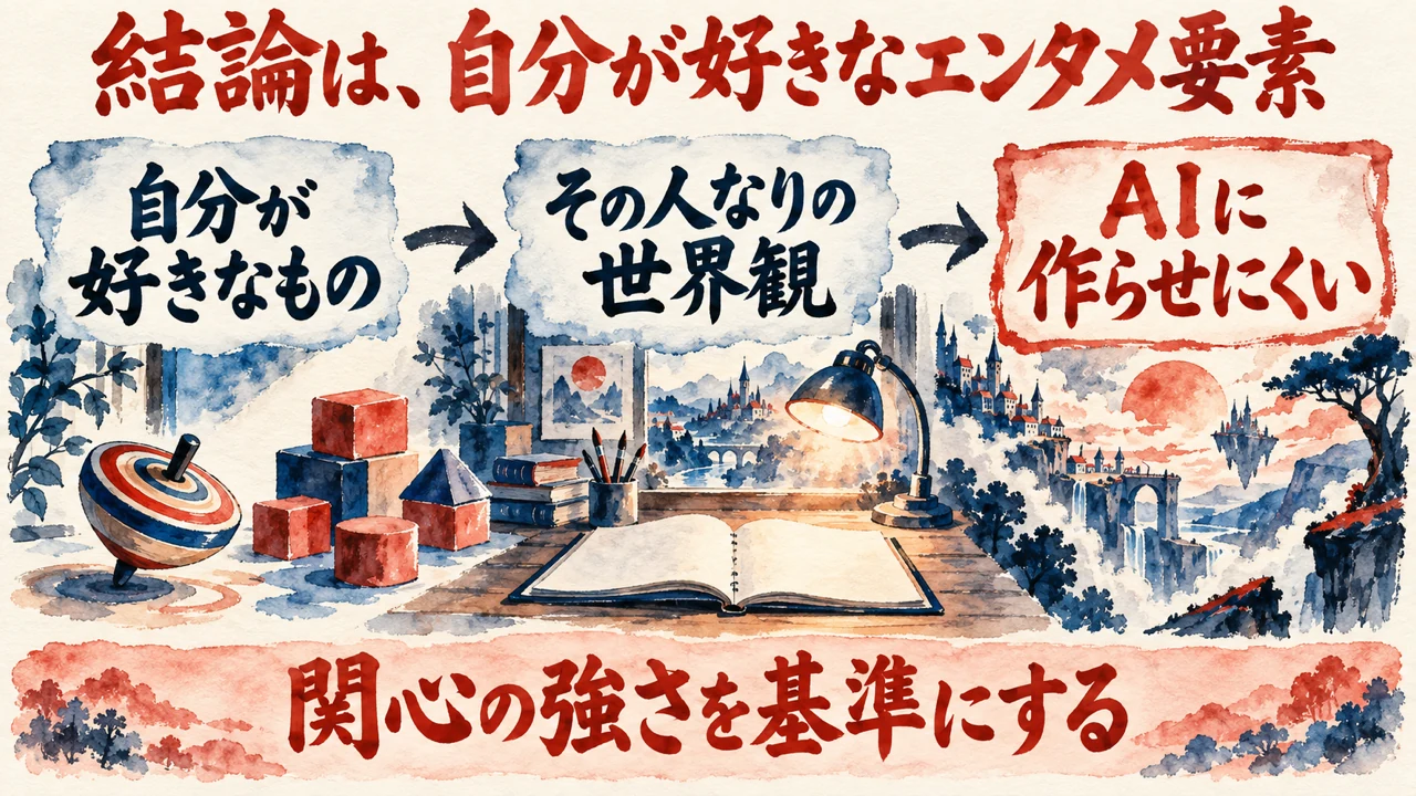 「結論はエンタメ要素」の図解。「自分が好きなもの」「その人なりの世界観」「AIに作らせにくい」の三つの札と、下の帯に「関心の強さを基準にする」