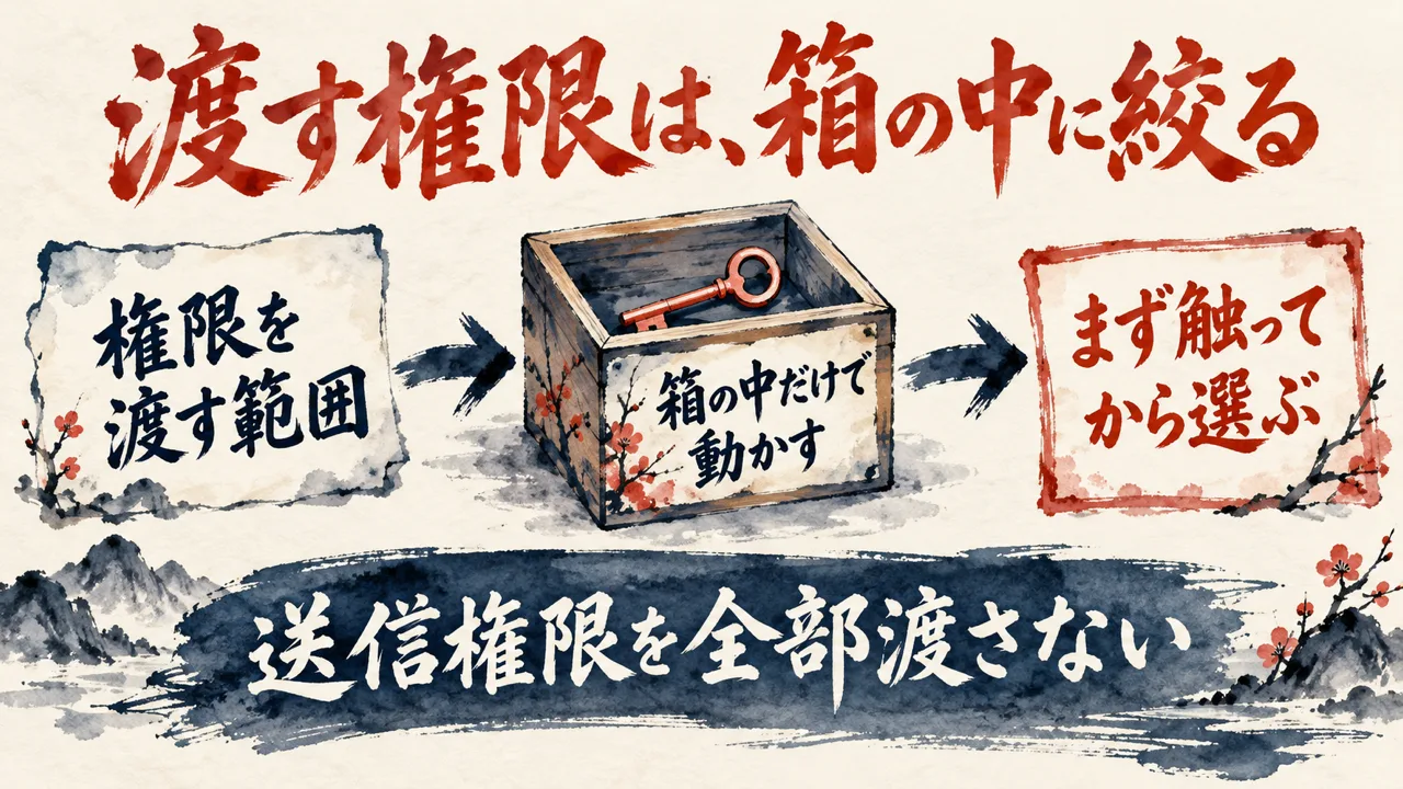 図解。権限を渡す範囲、箱の中だけで動かす、まず触ってから選ぶ、の三つが矢印でつながり、鍵の入った木箱が描かれ、下の帯に送信権限を全部渡さないと書かれている。