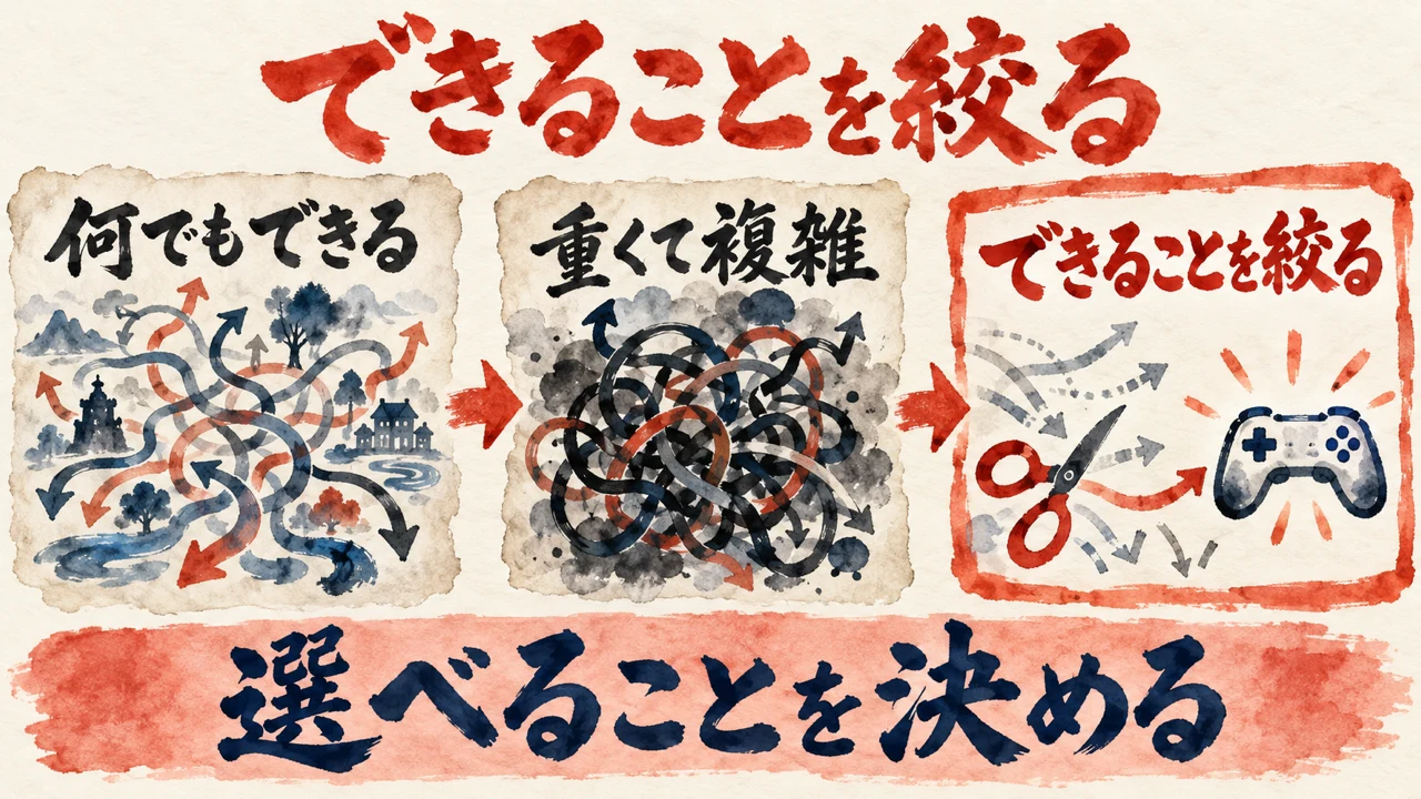できることを絞るという図解。何でもできる枠の絡み合う矢印、重くて複雑な枠の黒い塊、できることを絞る枠のはさみとゲームのコントローラーが矢印でつながる。下に選べることを決めるの帯