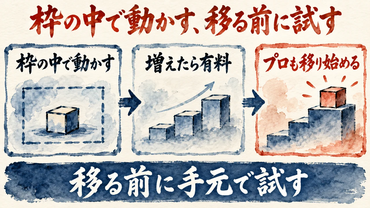 「枠の中で動かす、移る前に試す」の図解。「枠の中で動かす」「増えたら有料」「プロも移り始める」の三つの札が矢印で並び、下の帯に「移る前に手元で試す」