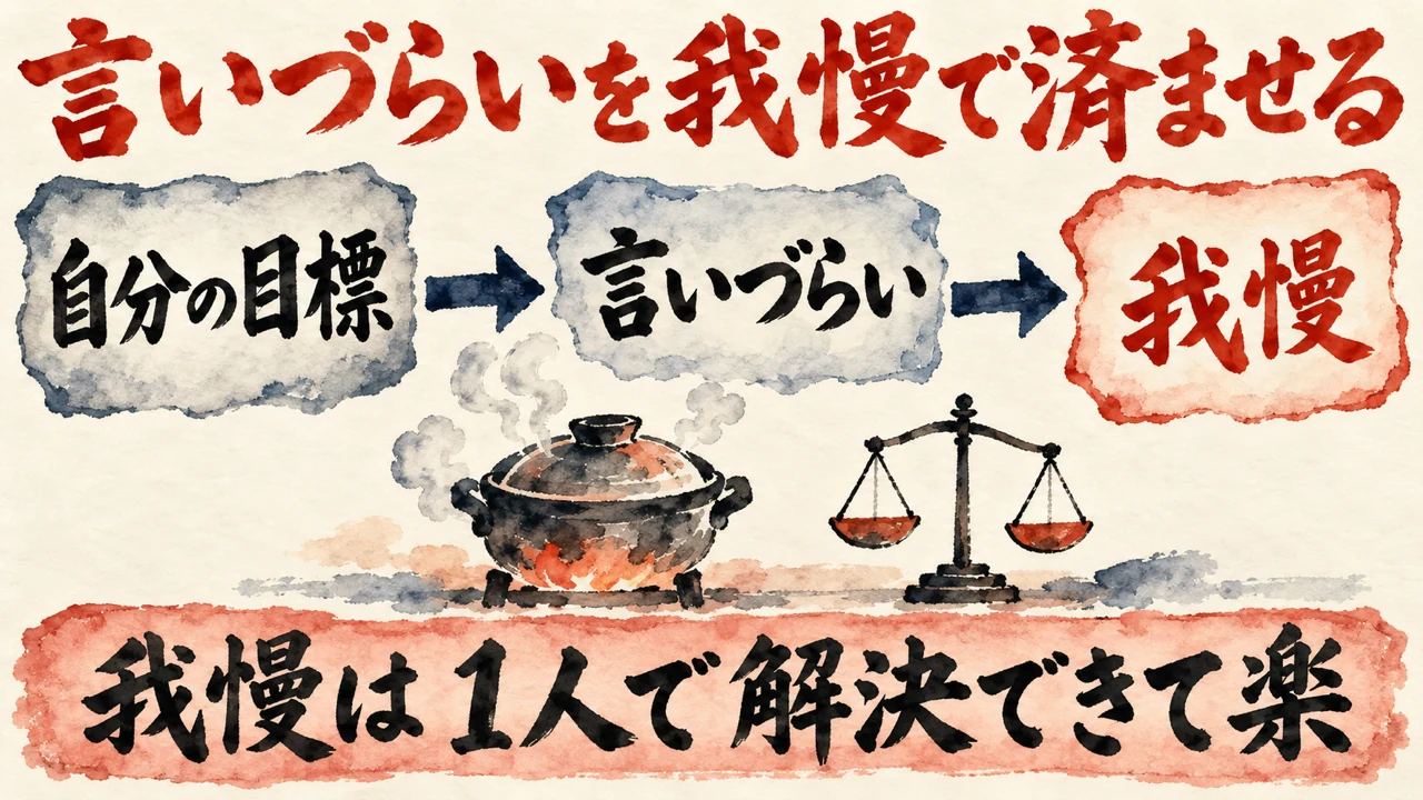 言いづらいという図解。自分の目標、言いづらい、我慢の3つの札が矢印でつながる。下に我慢は1人で解決できて楽の帯