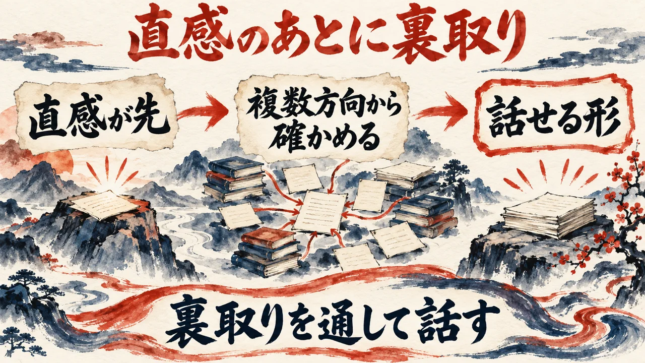 直感と裏取りという図解。直感が先、複数方向から確かめる、話せる形の3つの札が矢印でつながる。下に裏取りを通して話すの帯