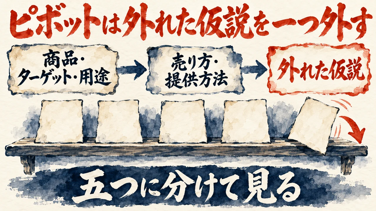 和紙に描いた水彩の図解。商品・ターゲット・用途、売り方・提供方法、外れた仮説、の3つが矢印でつながり、下の帯に五つに分けて見る、と書かれている。