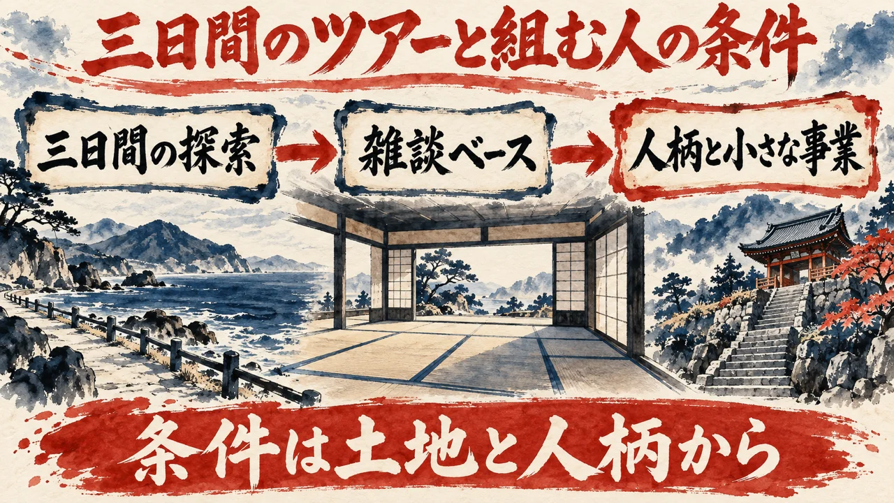 三日間のツアーと組む人の条件をテーマにした図解。三日間の探索、雑談ベース、人柄と小さな事業の3つの枠と、畳の広い部屋、石段の上の寺、海辺の道を並べた水彩の絵
