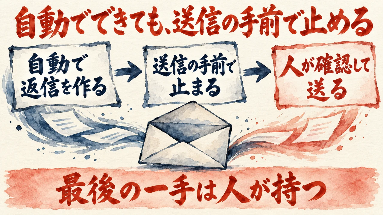 和紙に描いた水彩の図解。自動で返信を作る、送信の手前で止まる、人が確認して送る、の3つが矢印でつながり、下の帯に最後の一手は人が持つ、と書かれている。