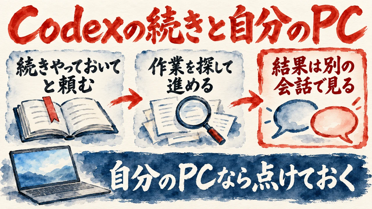 「Codexの続き」の図解。「続きやっておいてと頼む」「作業を探して進める」「結果は別の会話で見る」の三つの札と、本の栞の水彩画。下の帯に「自分のPCなら点けておく」
