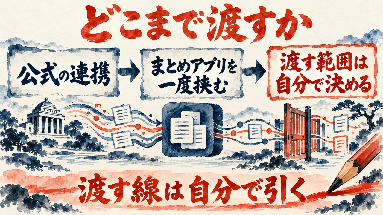 どこまで渡すかの図解。公式の連携、まとめアプリを一度挟む、渡す範囲は自分で決める、の3枚の札が矢印でつながり、下の帯に渡す線は自分で引くと書かれている。