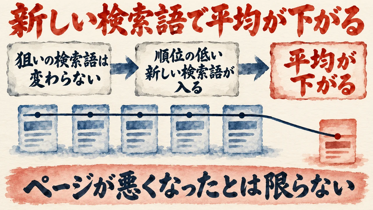図解。狙いの検索語の順位は変わらないまま、順位の低い新しい検索語が1つ入ると平均の線が下がり、ページが悪くなったとは限らない、と示している