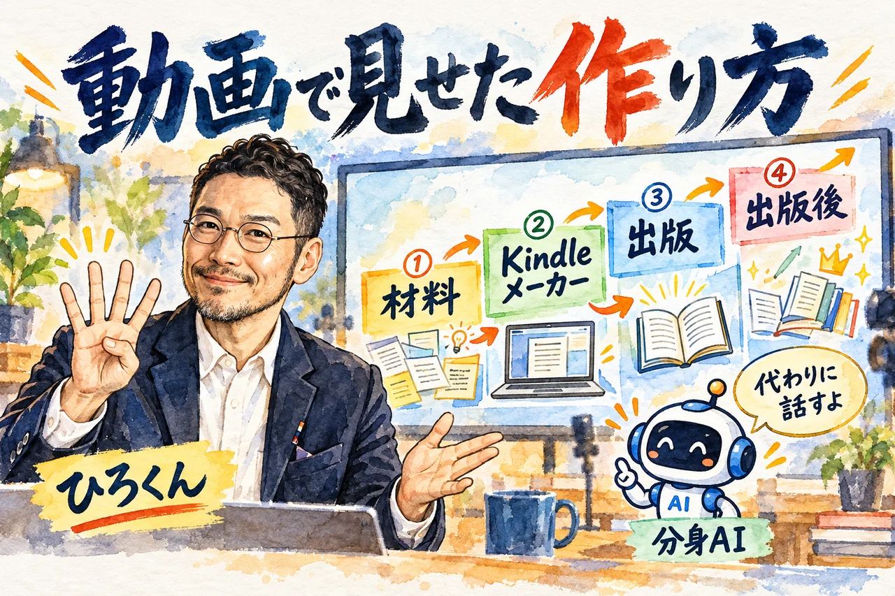 動画で見せた作り方｜ひろくんが材料、Kindleメーカー、出版、出版後の4段を指で数えて説明する場面