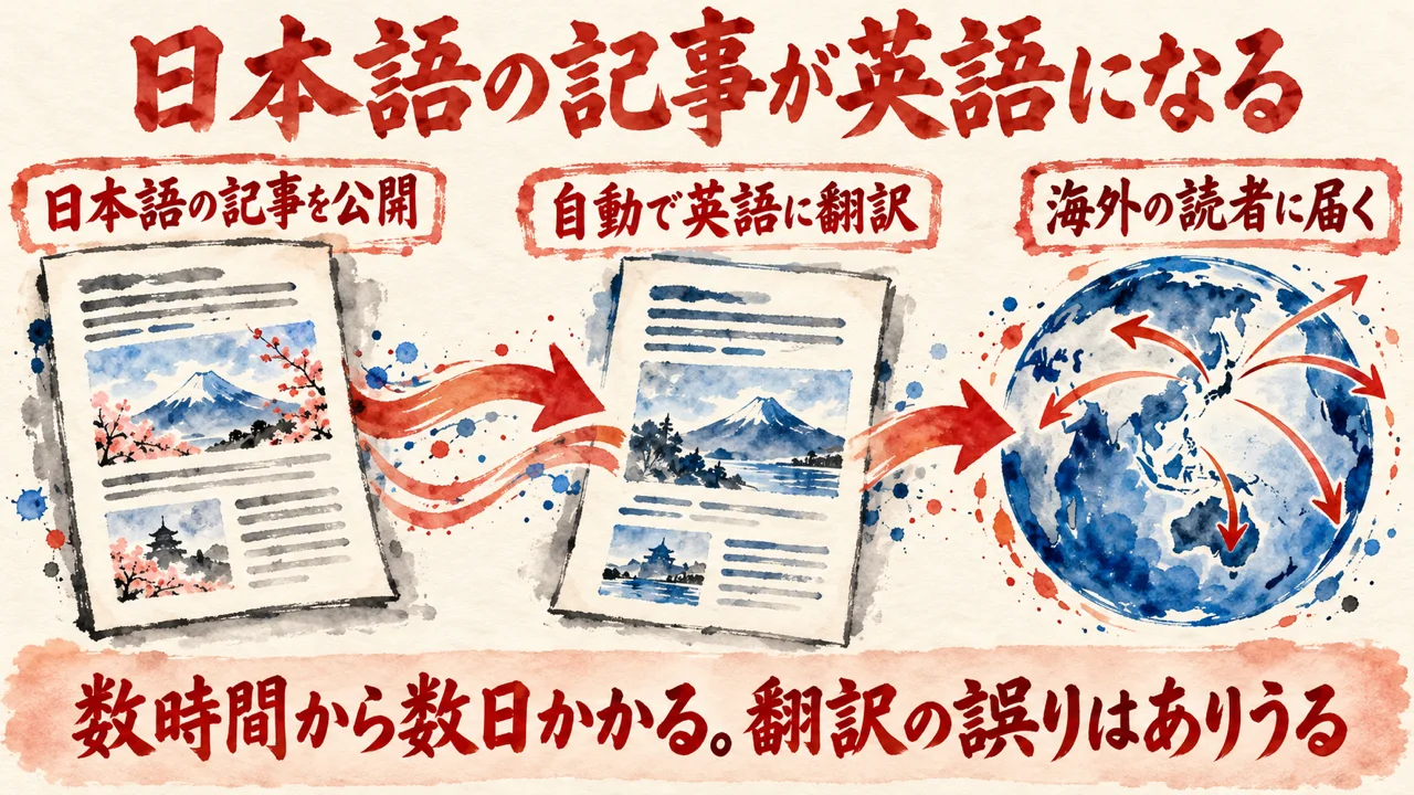 図解。日本語の記事が英語に自動で翻訳され、数時間から数日後に海外の読者へ届く流れを示している