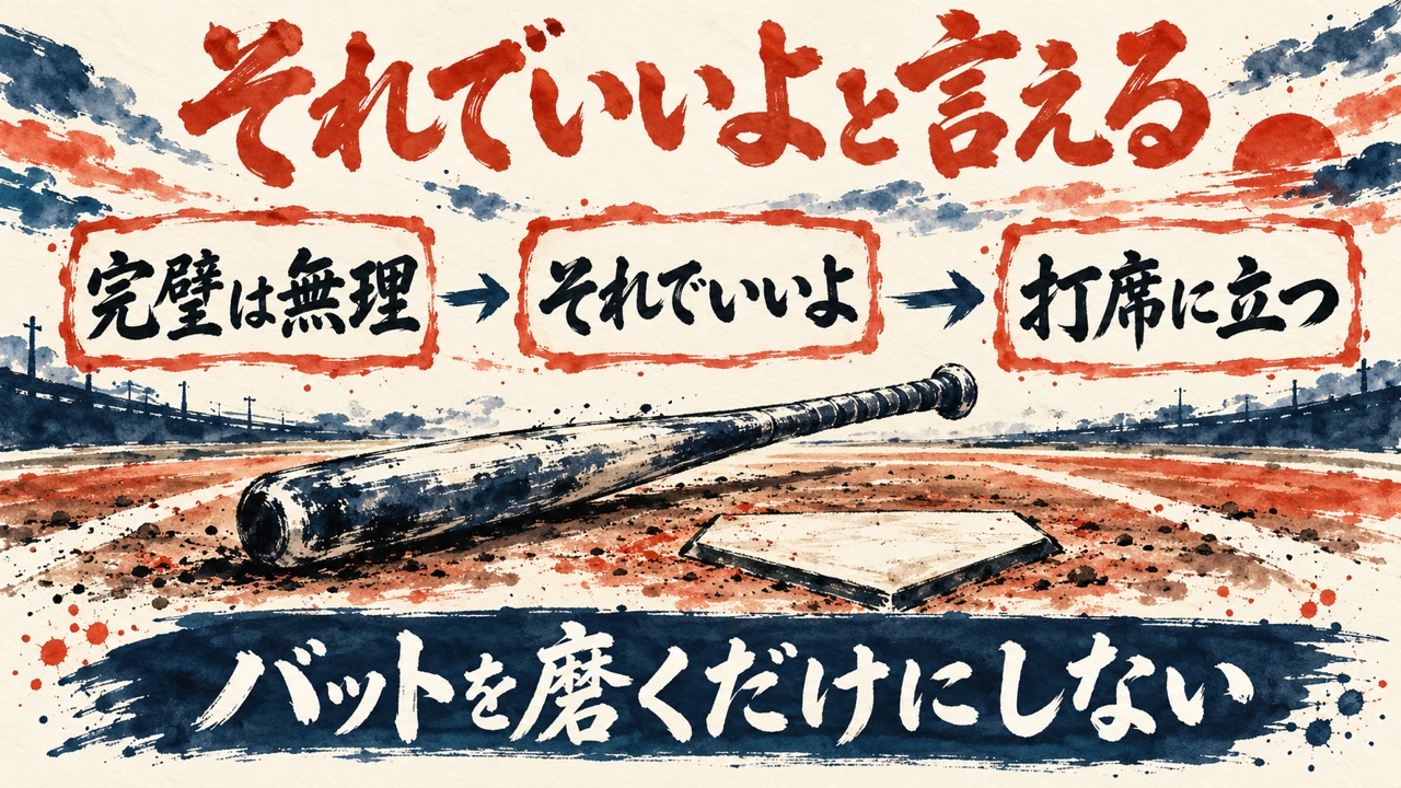 図解。完璧は無理、それでいいよ、打席に立つ、の三つの札が矢印でつながり、バットとホームベースの絵、下にバットを磨くだけにしないの帯