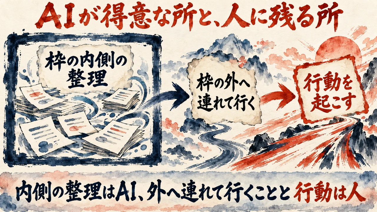 図解。枠の内側の整理はAI、枠の外へ連れて行くことと行動を起こすことは人、の分担を示している