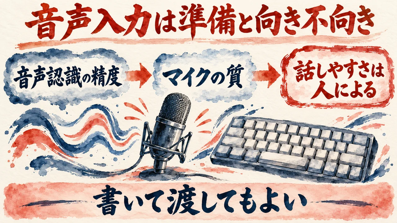 図解。音声認識の精度、マイクの質、話しやすさは人による、の3つ。マイクとキーボードの絵。下の帯に、書いて渡してもよい、とある