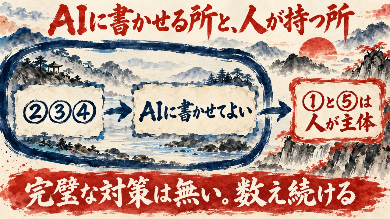図解。AIに書かせてよい部分と、人が主体になる部分の分担を示している