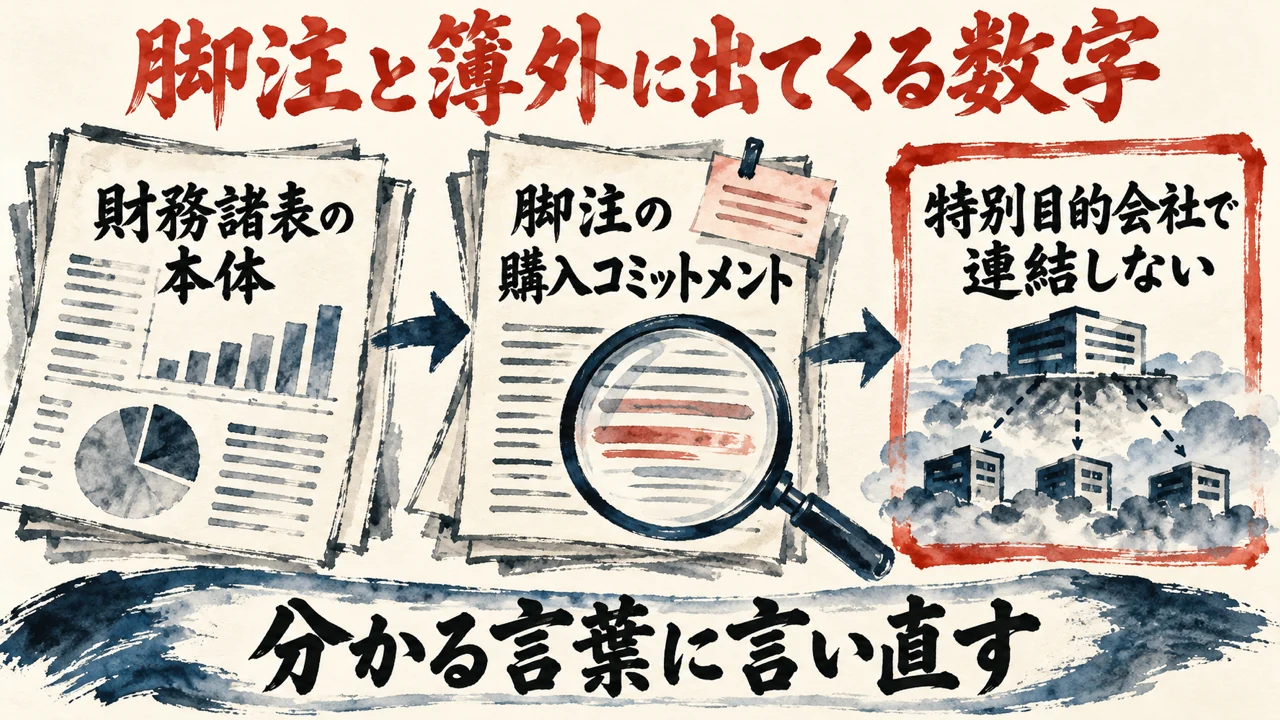 図解。財務諸表の本体、脚注の購入コミットメント、特別目的会社で連結しない、の三つの札が矢印でつながり、下に分かる言葉に言い直すの帯