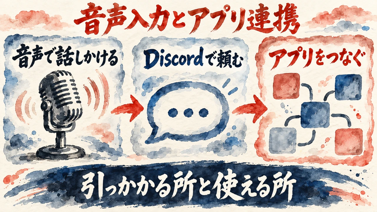 「音声入力とアプリ連携」の図解。「音声で話しかける」「Discordで頼む」「アプリをつなぐ」の三つの札と、マイクの水彩画。下の帯に「引っかかる所と使える所」