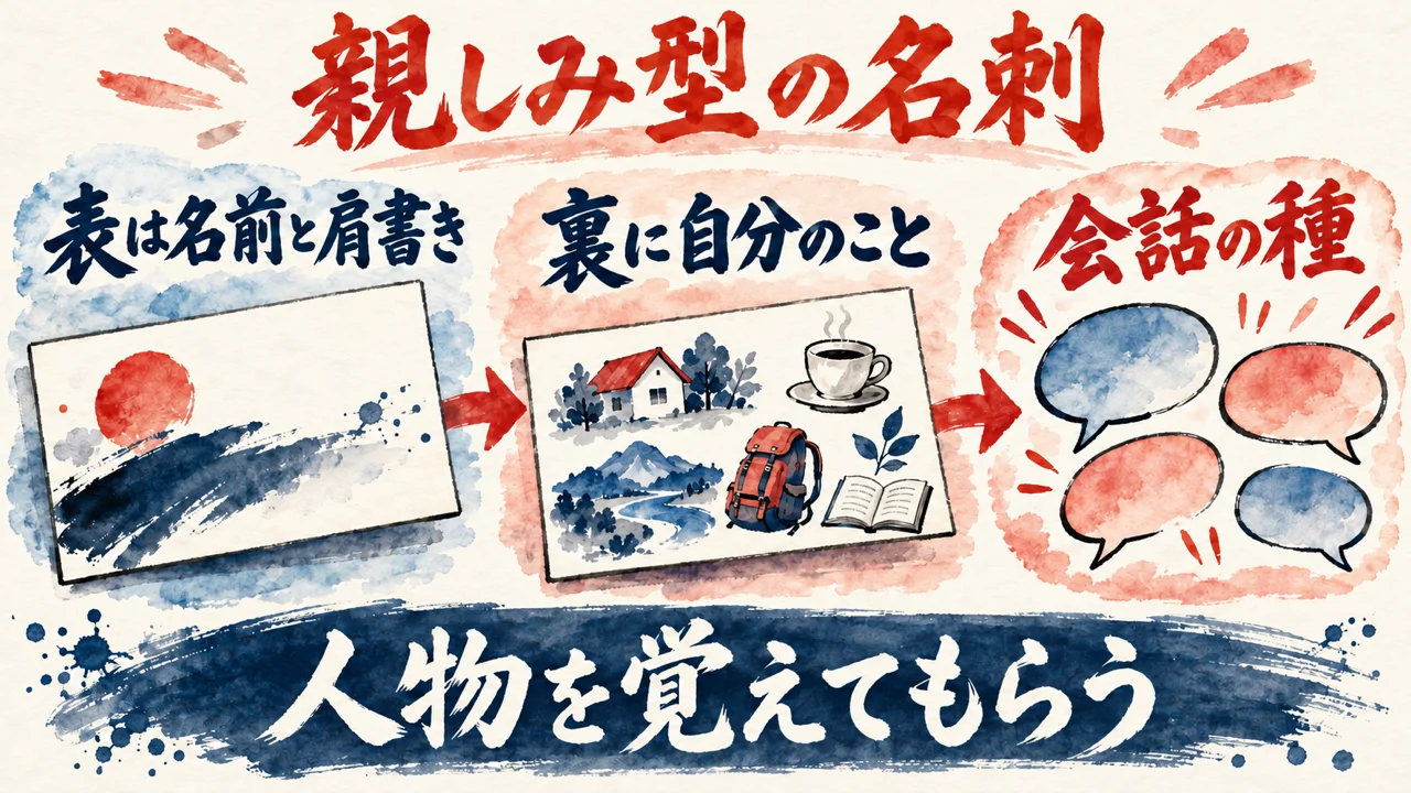 「親しみ型の名刺」の図解。「表は名前と肩書き」「裏に自分のこと」「会話の種」の三つの札と、名刺の表裏の水彩画。下の帯に「人物を覚えてもらう」