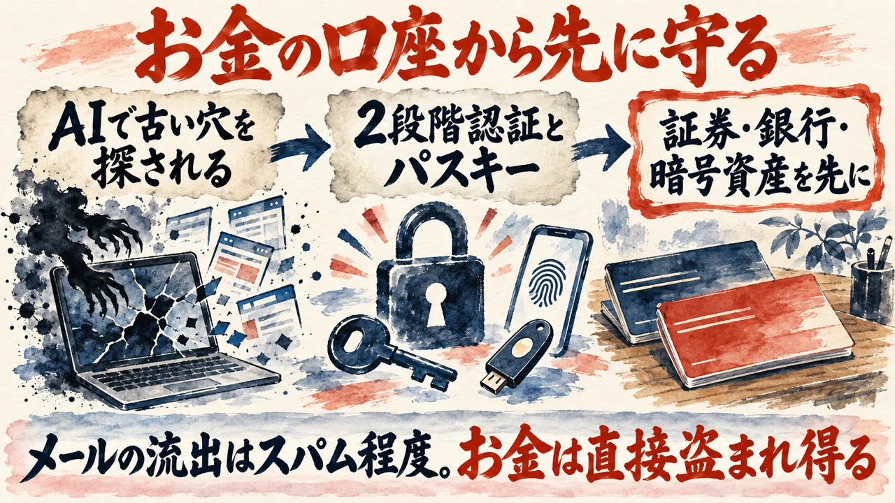 図解。AIで古い穴を探され、2段階認証とパスキーで、お金に関わる口座を先に守る流れを示している