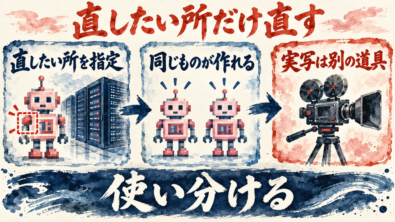 図解: 直したい所を指定する、同じものが作れる、実写は別の道具。コードと動画生成を使い分ける