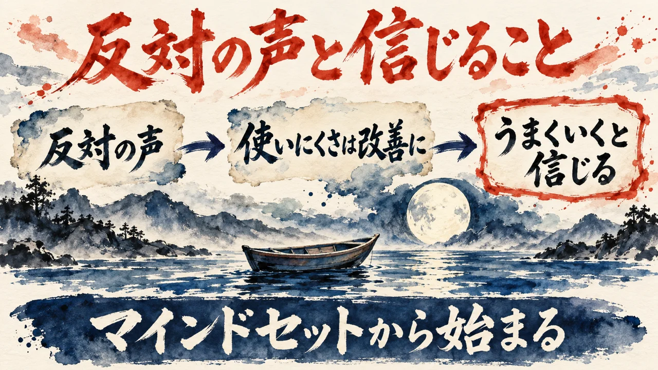 「信じて改善する」の図解。「反対の声」「使いにくさは改善に」「うまくいくと信じる」の三つの札が矢印で並び、下の帯に「マインドセットから始まる」