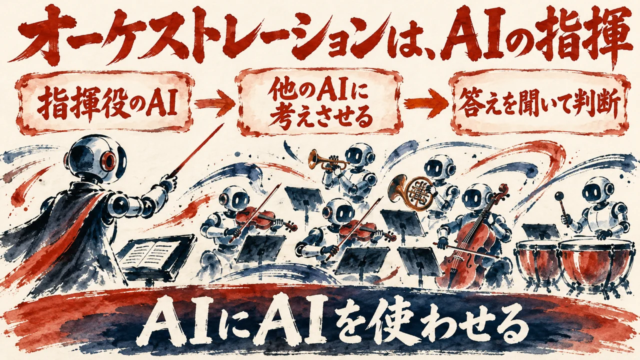 オーケストラの指揮者のように、指揮役のAIが他のAIに考えさせて答えを聞いて判断する、という図解