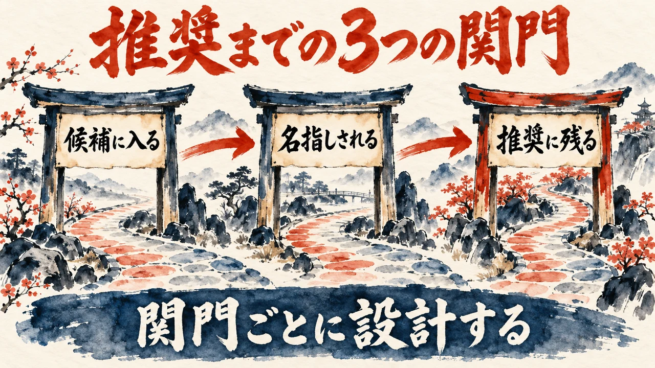 「3つの関門」の図解。「候補に入る」「名指しされる」「推奨に残る」の三つの札が矢印で並び、下の帯に「関門ごとに設計する」