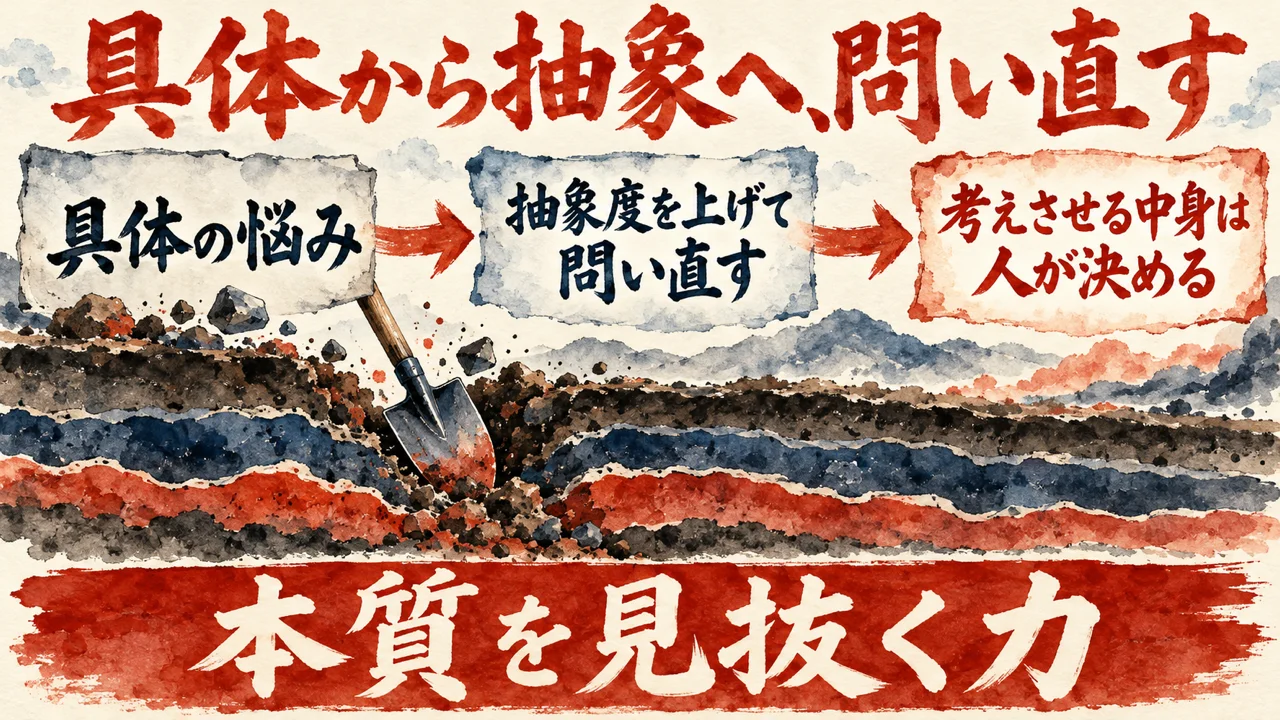 「本質を見抜く力」の図解。「具体の悩み」「抽象度を上げて問い直す」「考えさせる中身は人が決める」の三つの札と、地層を掘る水彩画。下の帯に「本質を見抜く力」