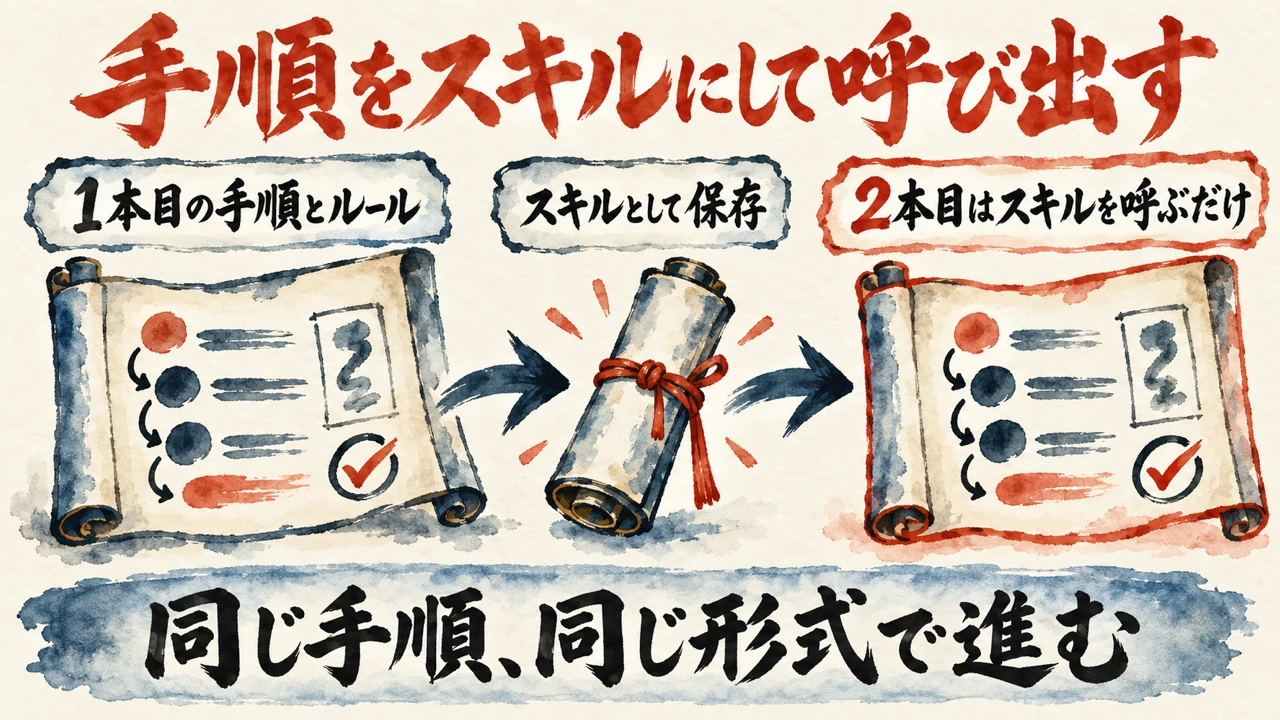 図解。1本目の手順をスキルに保存し、2本目はスキルを呼ぶだけで同じ型で始まる流れを示している
