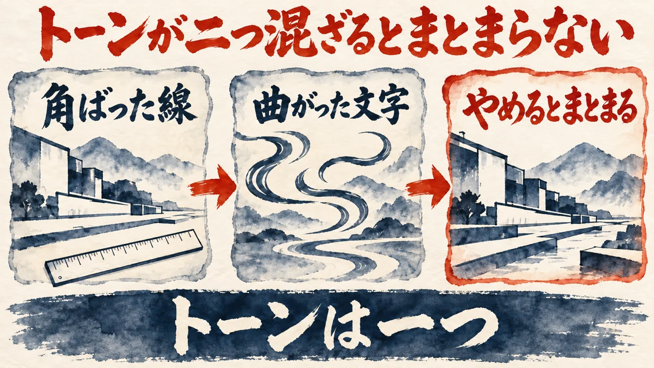 図解。角ばった線、曲がった文字、やめるとまとまる、の三つの札に、建物と定規、うねる線、まとまった風景が描かれ、下の帯にトーンは一つの文字。見出しはトーンが二つ混ざるとまとまらない
