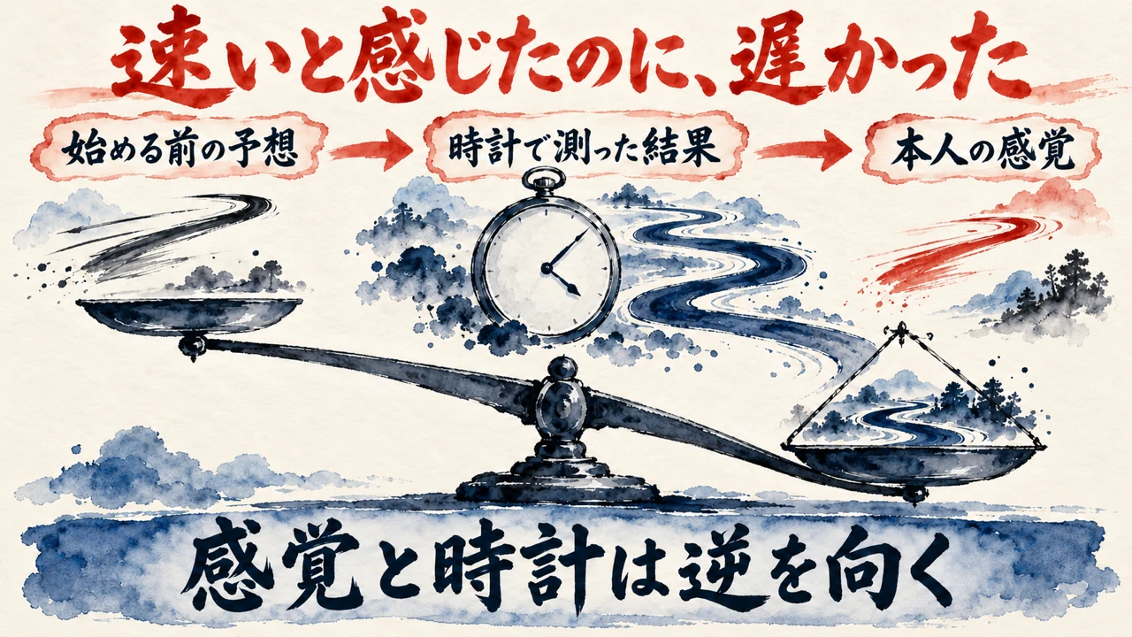 図解。始める前の予想、時計で測った結果、本人の感覚、の三つの札が並び、下の帯に感覚と時計は逆を向くの文字。見出しは速いと感じたのに、遅かった