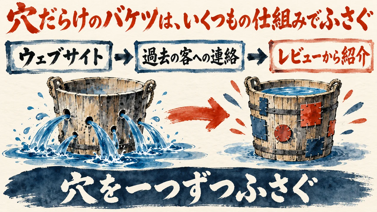 図解。ウェブサイト、過去の客への連絡、レビューから紹介、の三つの札が矢印で並び、下の帯に穴を一つずつふさぐの文字