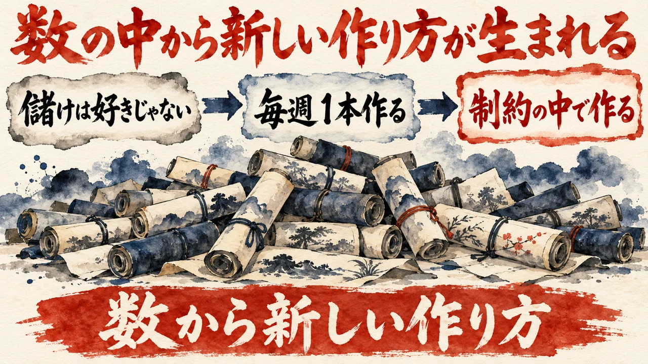 図解。儲けは好きじゃない、毎週1本作る、制約の中で作る、の三つの札に、積み重なった巻物の水彩画が添えられ、下の帯に数から新しい作り方の文字。見出しは数の中から新しい作り方が生まれる